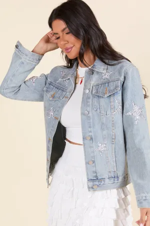 Brightest Night Light Wash Embellished Star Denim Jacket SALE Temperature Regulating Membrane