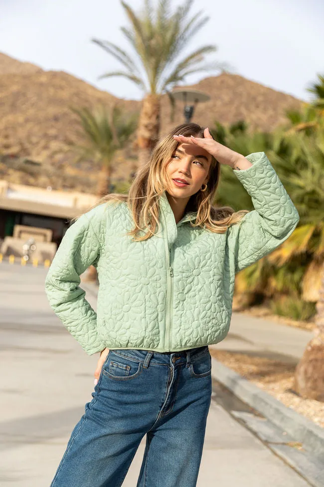 Insulated Lining Eco Friendly Recycled Material Full Bloom Sage Flower Quilted Zip Up Jacket FINAL SALE