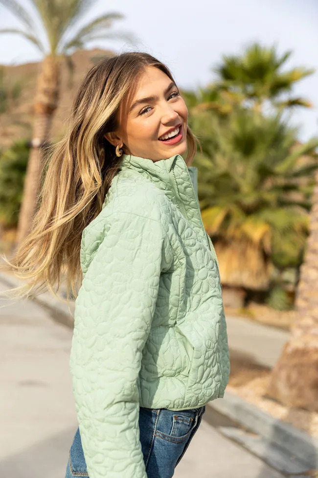 Full Bloom Sage Flower Quilted Zip Up Jacket FINAL SALE Fringe Detail