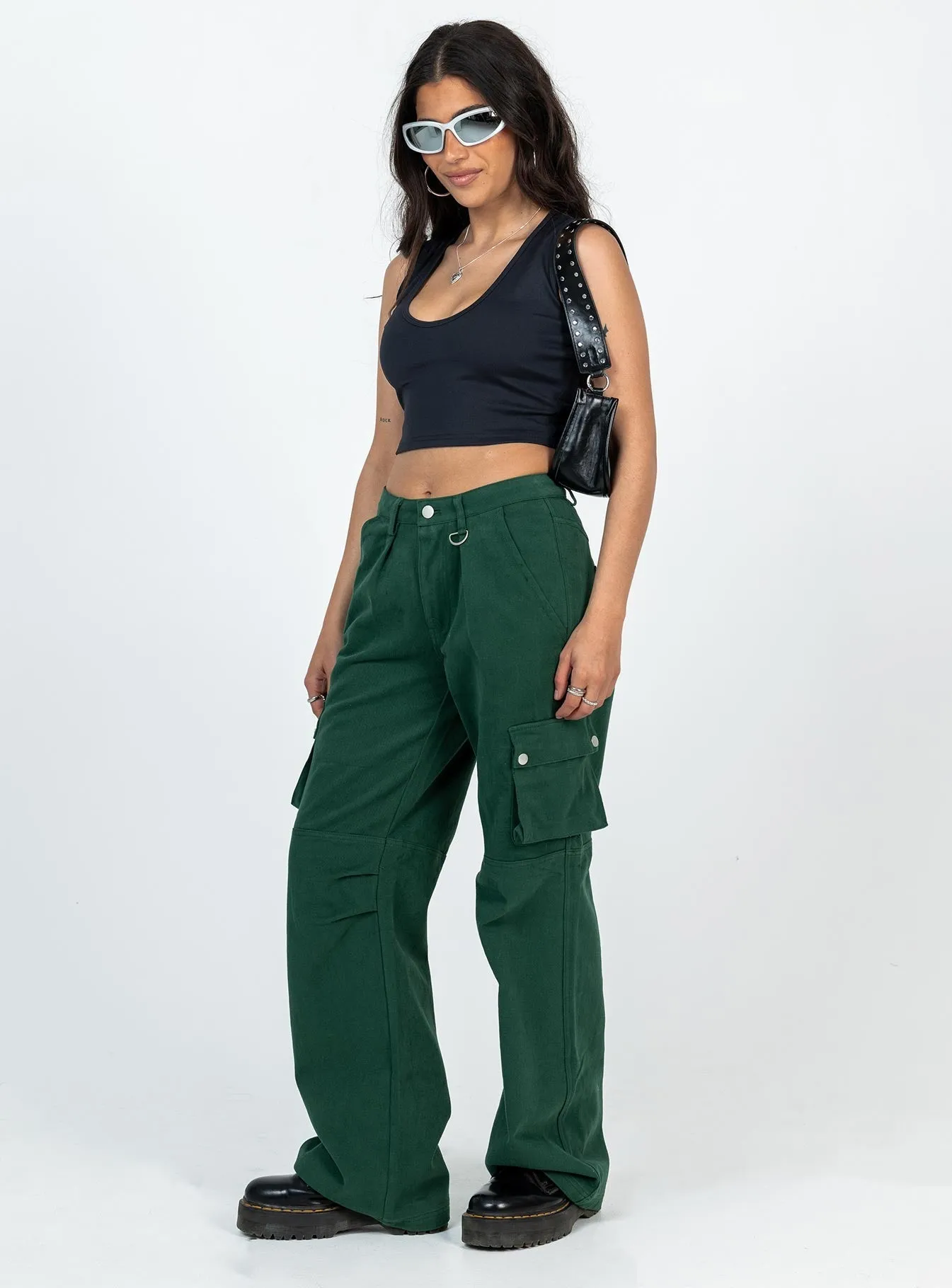 Year Round Piece Paige Mid Rise Cargo Jean Denim Green Petite