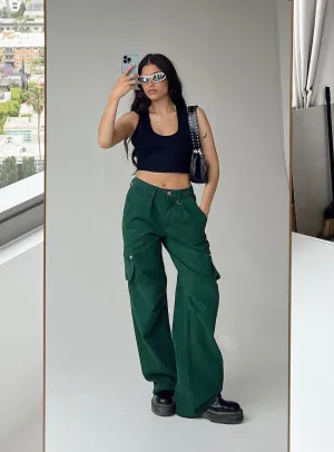 Autumn Days Parent Style Relaxed Tailoring Paige Mid Rise Cargo Jean Denim Green Petite