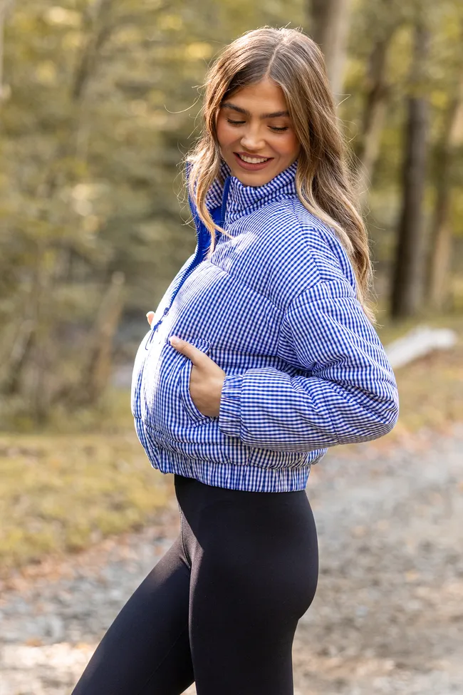 Tear Resistant Fabric Paloma Navy Gingham Zip Up Puffer Jacket