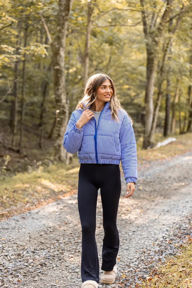 Paloma Navy Gingham Zip Up Puffer Jacket Water Resistant Design