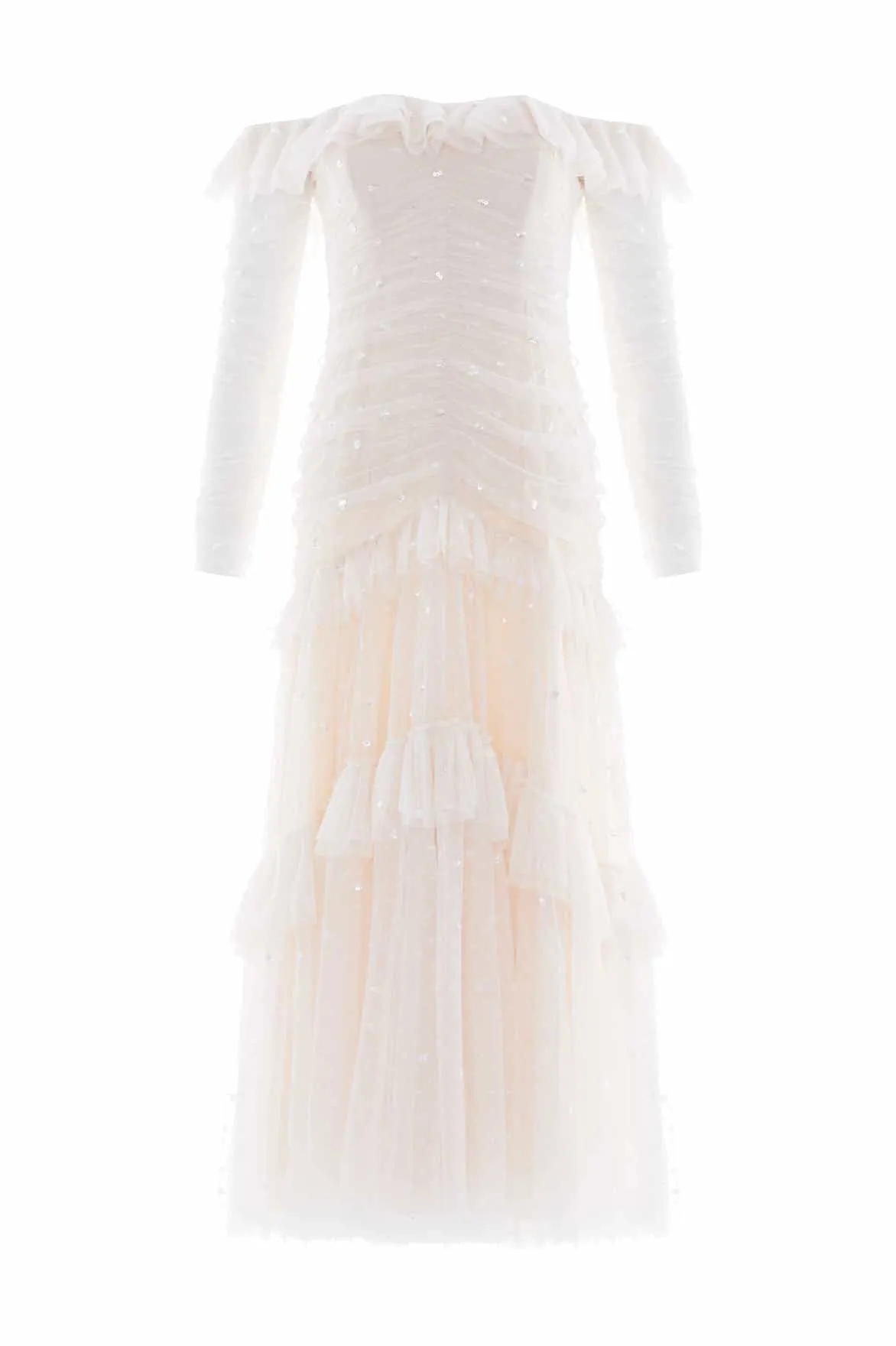 Sequin Glimmer Rouched Off-Shoulder Gown Layered-Look