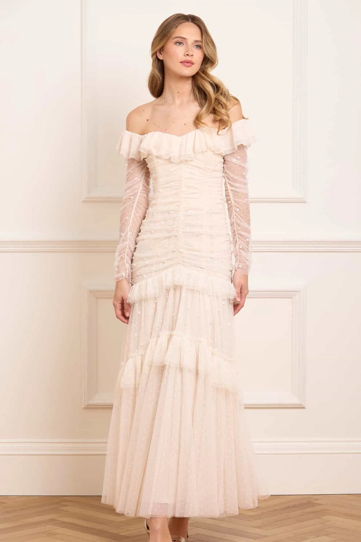 Breath Ease Sequin Glimmer Rouched Off-Shoulder Gown