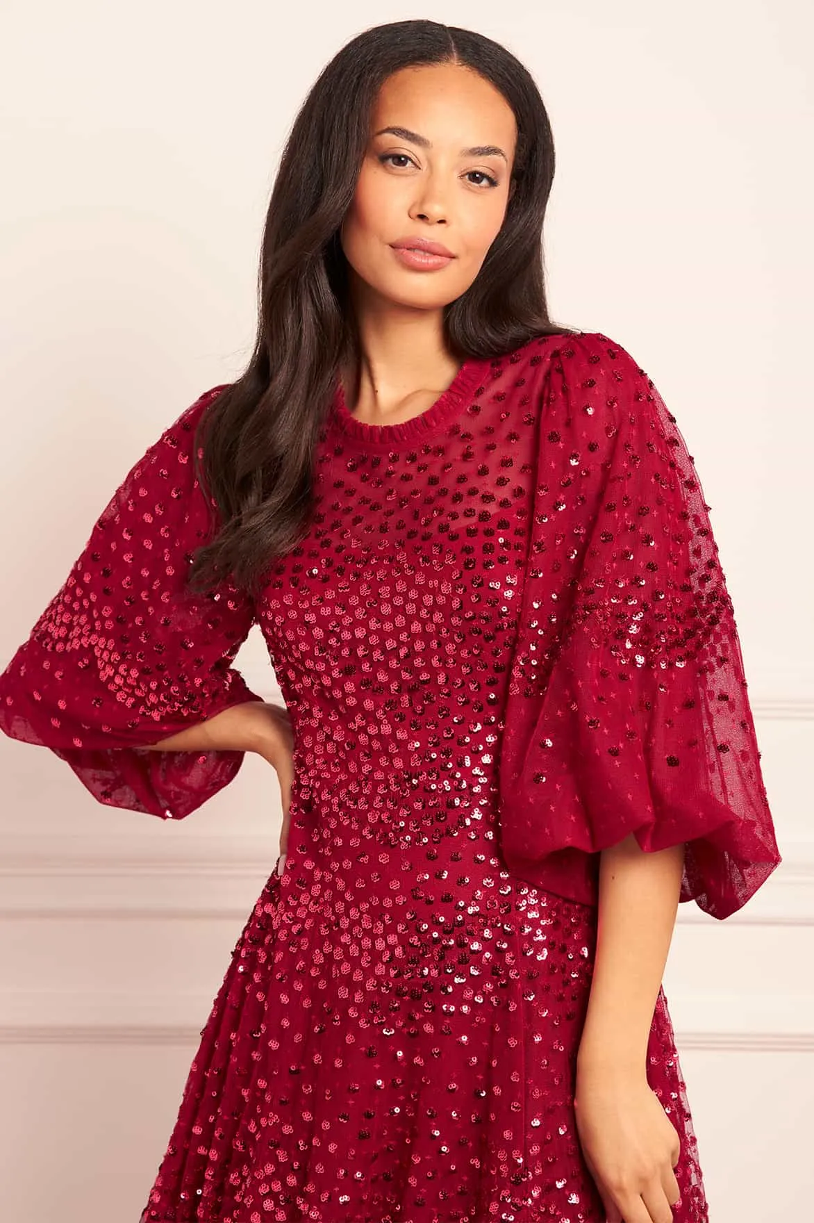 Season Ready Scallop Sequin Round Neck Ankle Gown