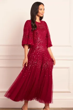Scallop Sequin Round Neck Ankle Gown Fall Silhouette