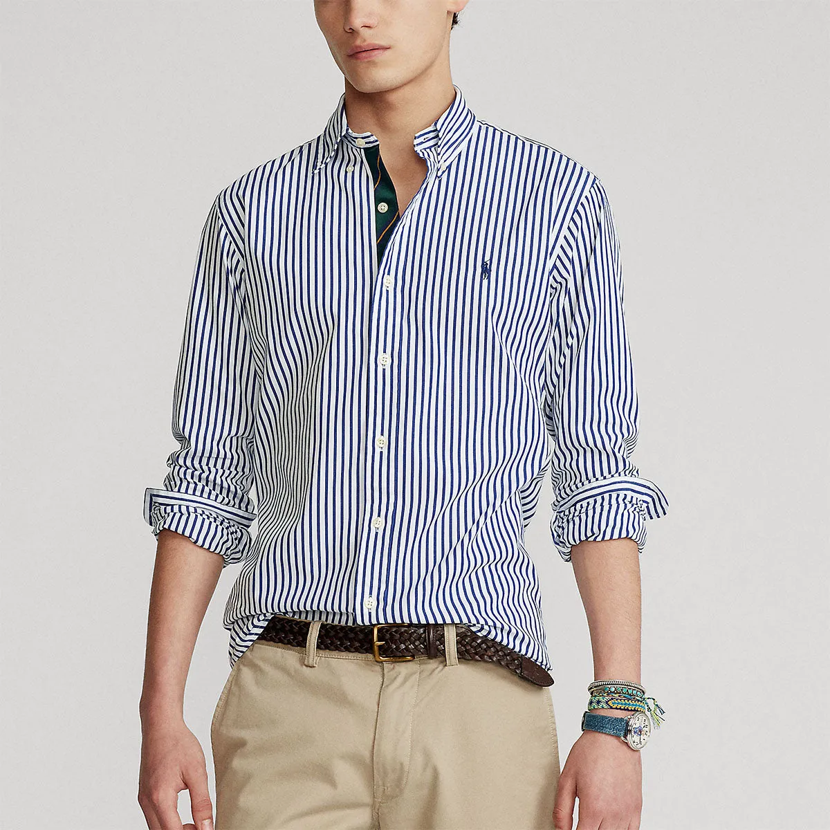 Polo Ralph Lauren - Custom Fit Brushed Poplin Shirt in Blue/Wht Breathable Wear Fit Layered Comfort