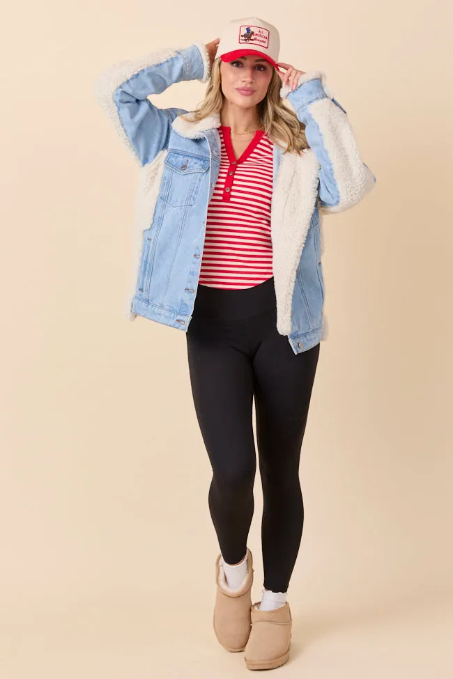 Stretch Enhanced Mobility Zones CompactFoldable Picking Sides Light Wash Sherpa Detail Oversized Denim Jacket