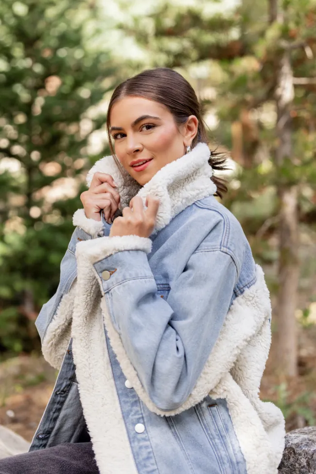 Picking Sides Light Wash Sherpa Detail Oversized Denim Jacket Light Outdoor Layer