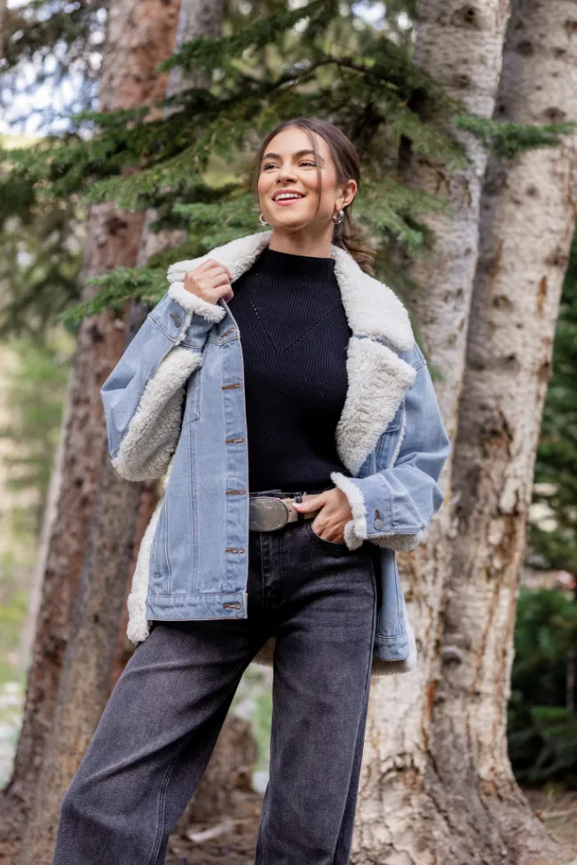 Stretch Fit Picking Sides Light Wash Sherpa Detail Oversized Denim Jacket