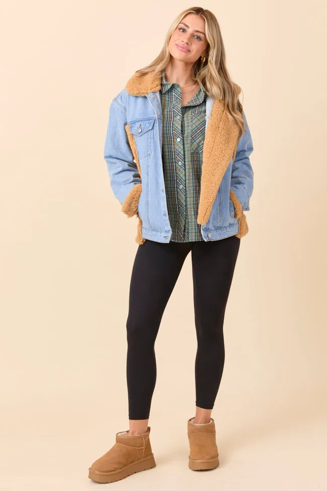 Stretch Comfort Fall Outfit Picking Sides Medium Wash Sherpa Detail Oversized Denim Jacket