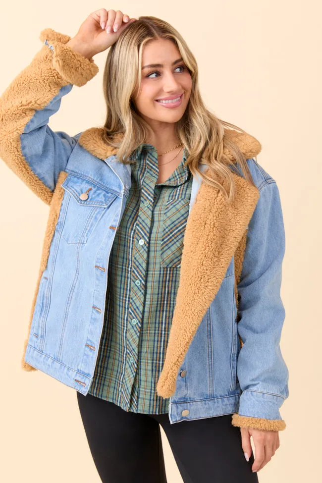 Picking Sides Medium Wash Sherpa Detail Oversized Denim Jacket Sleek Layer Look Softshell Technology