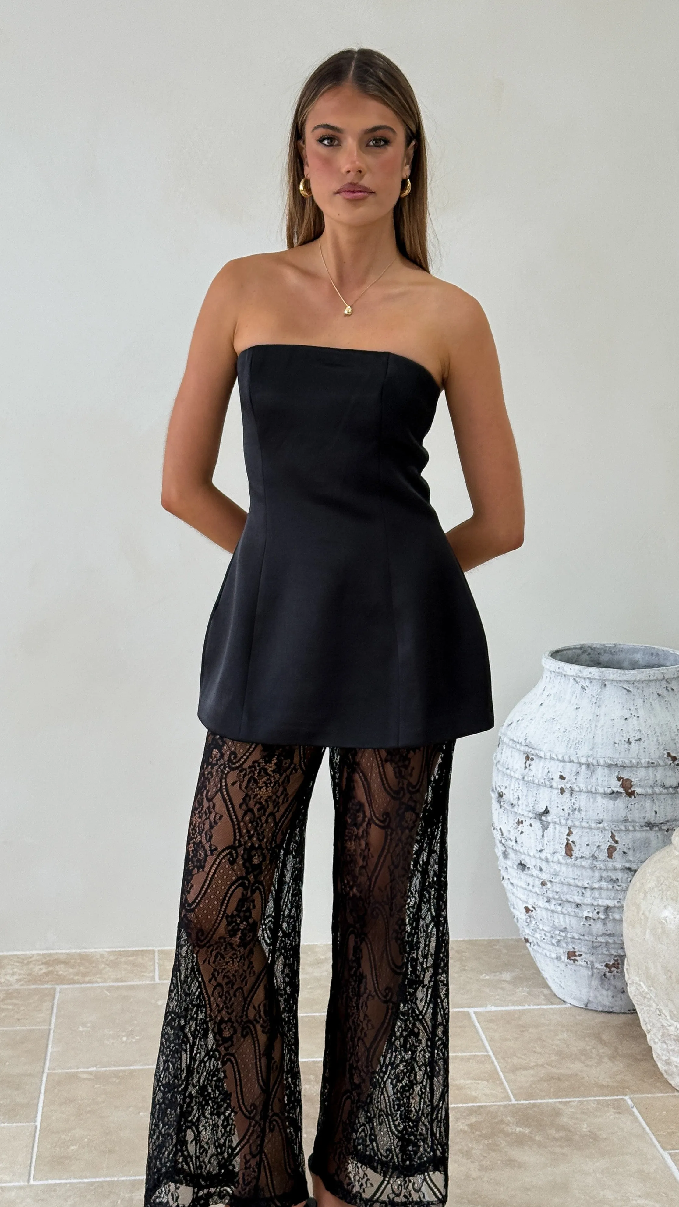 Harlean Strapless Top and Lace Pants Set - Black Light Pants Smooth Yarn