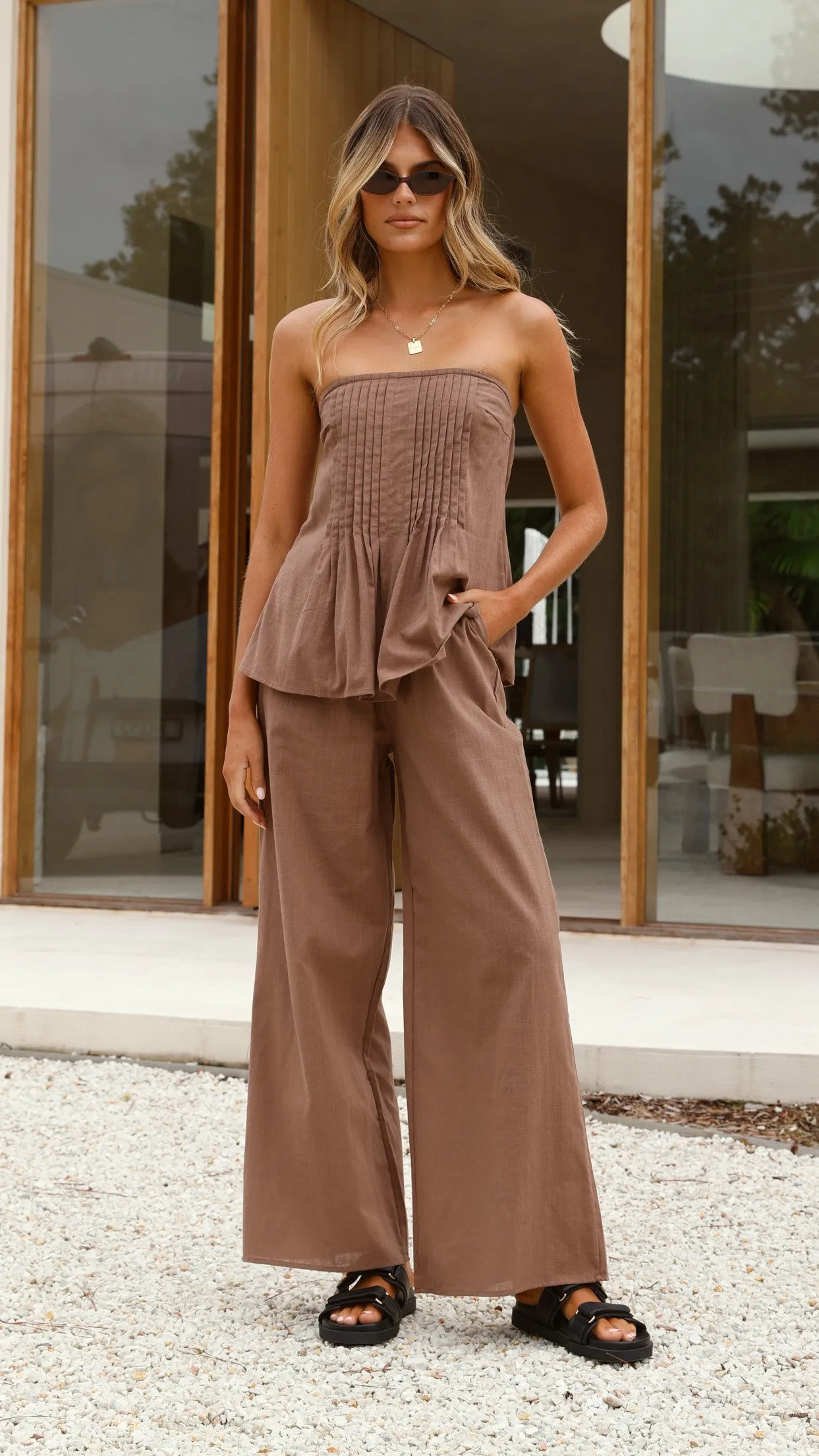 Sharni Strapless Pleat Top and Pants Set - Chocolate Trendy Cut Hypoallergenic Fibers