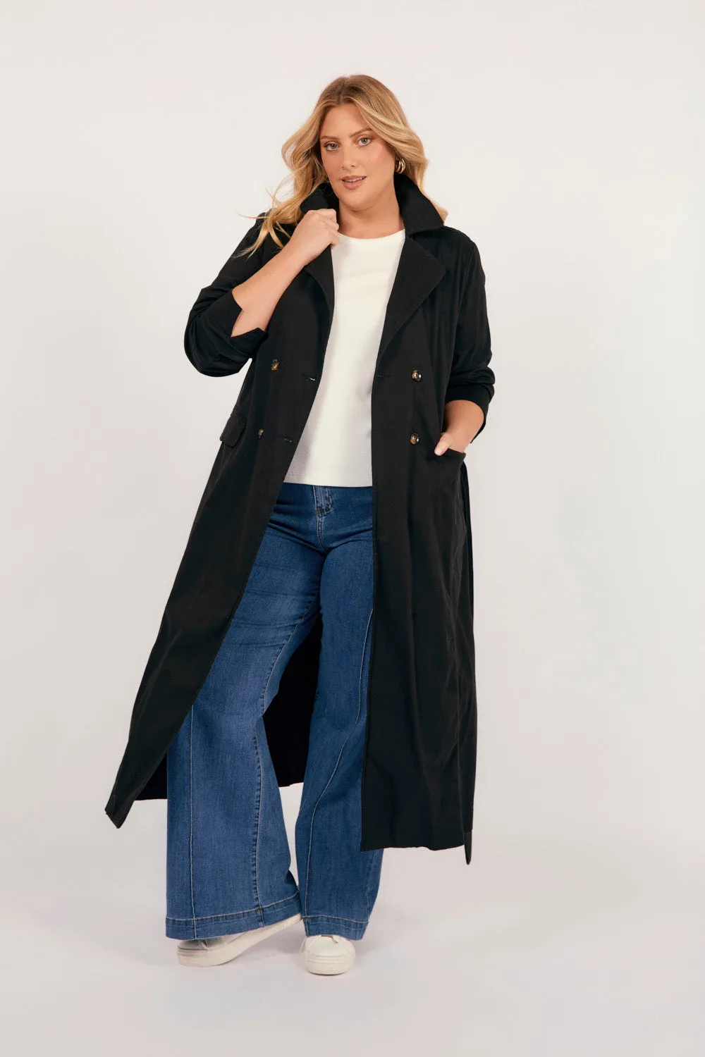 Hailey Trench Coat in Black Light Weight Double Layered Fabric