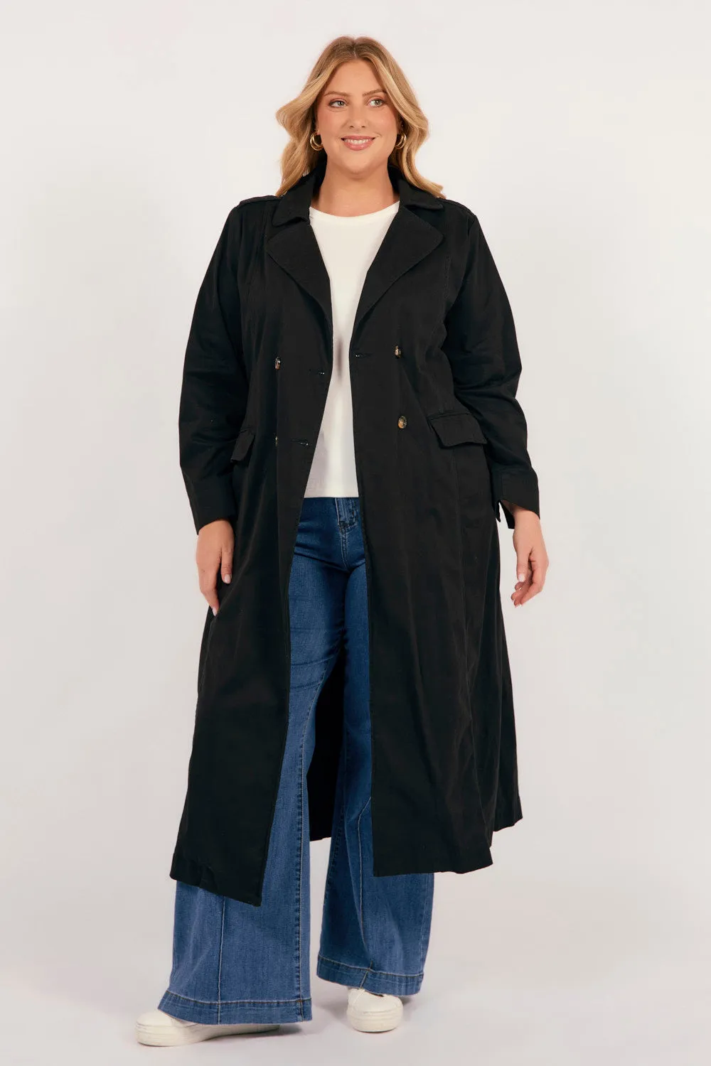 Hailey Trench Coat in Black Tailored Silhouette Rugged Outdoor Optimized