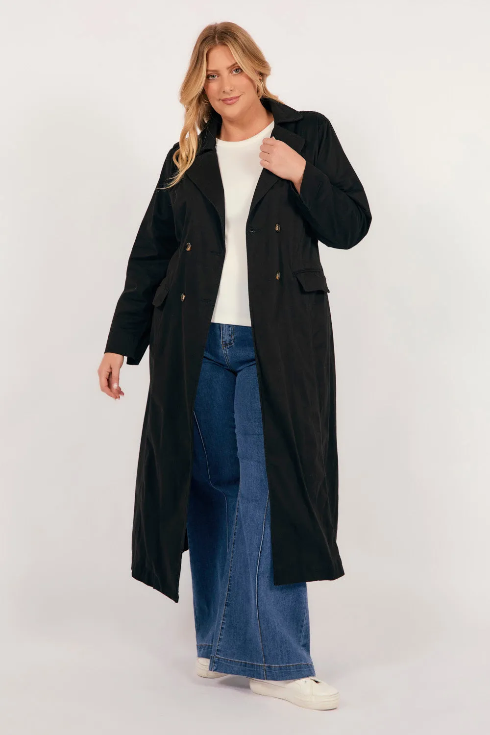 Hailey Trench Coat in Black Quick Release Buckle Mechanism
