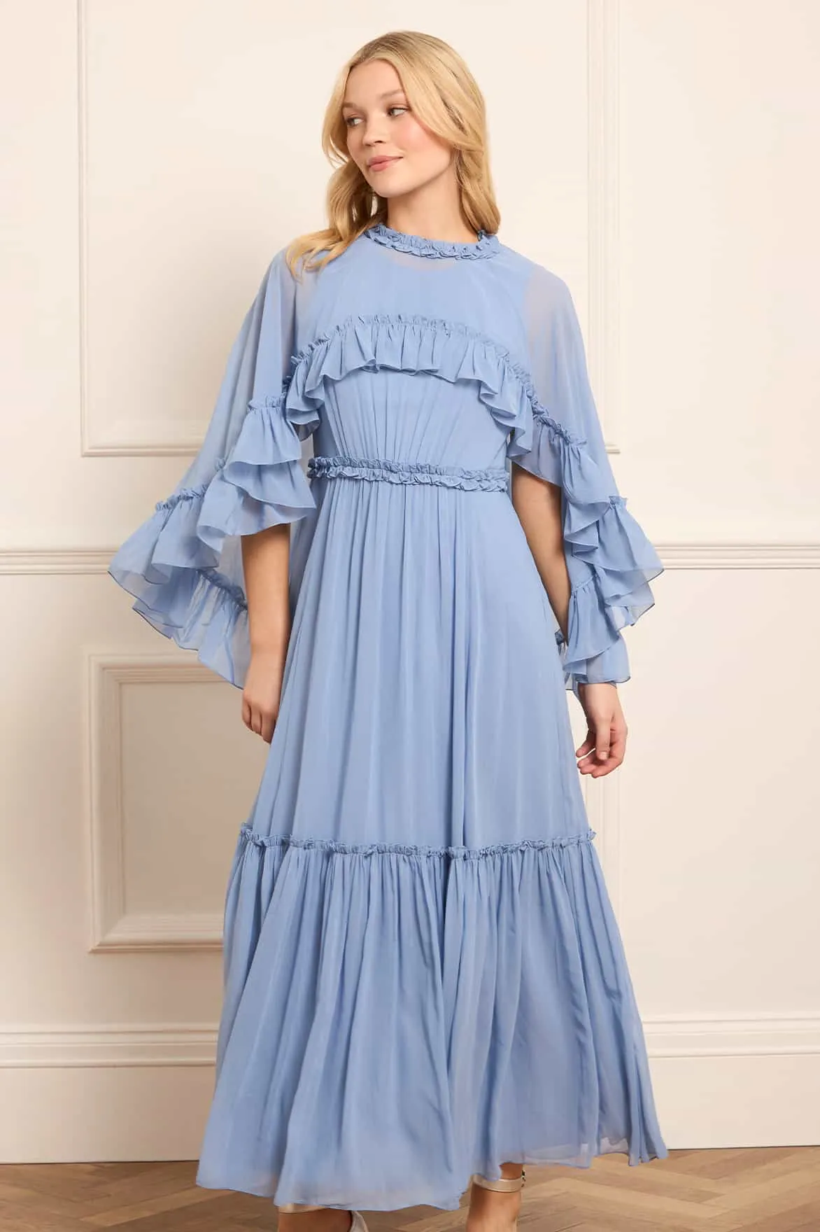 Harper Chiffon Cape Ankle Gown Casual Edge