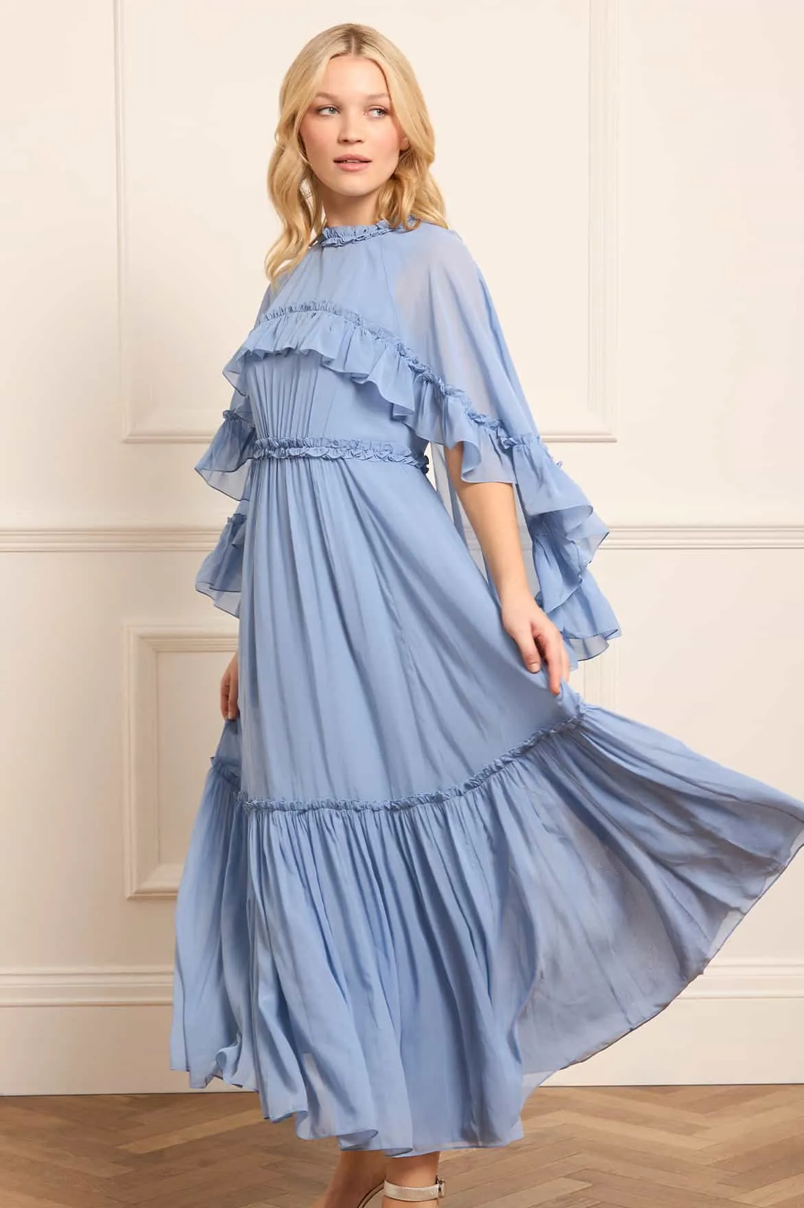 Harper Chiffon Cape Ankle Gown Layered Look