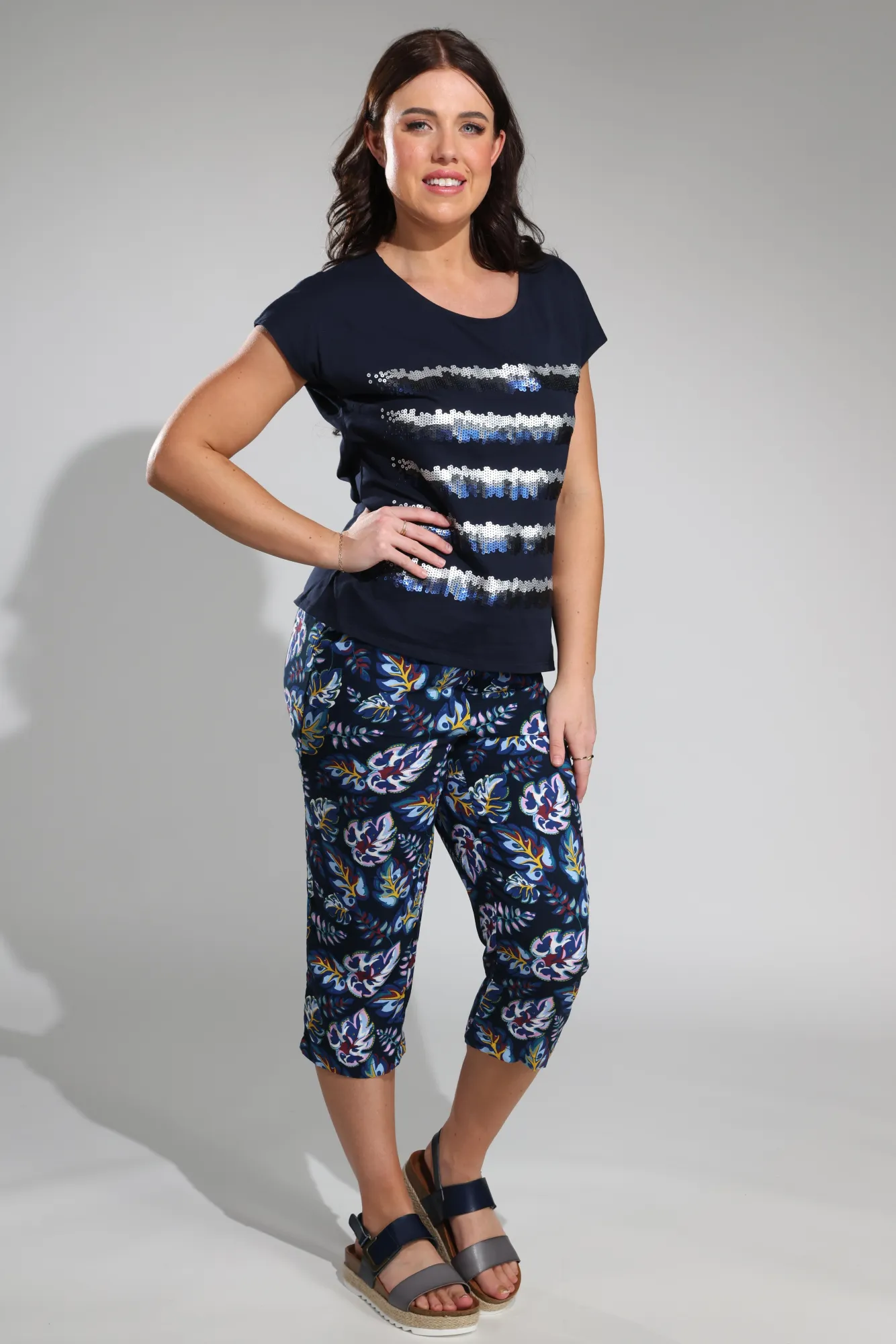 Printed Rayon Mid Calf Pants | Blues Pink Leaf | 7333A1 Anti Cling Finish