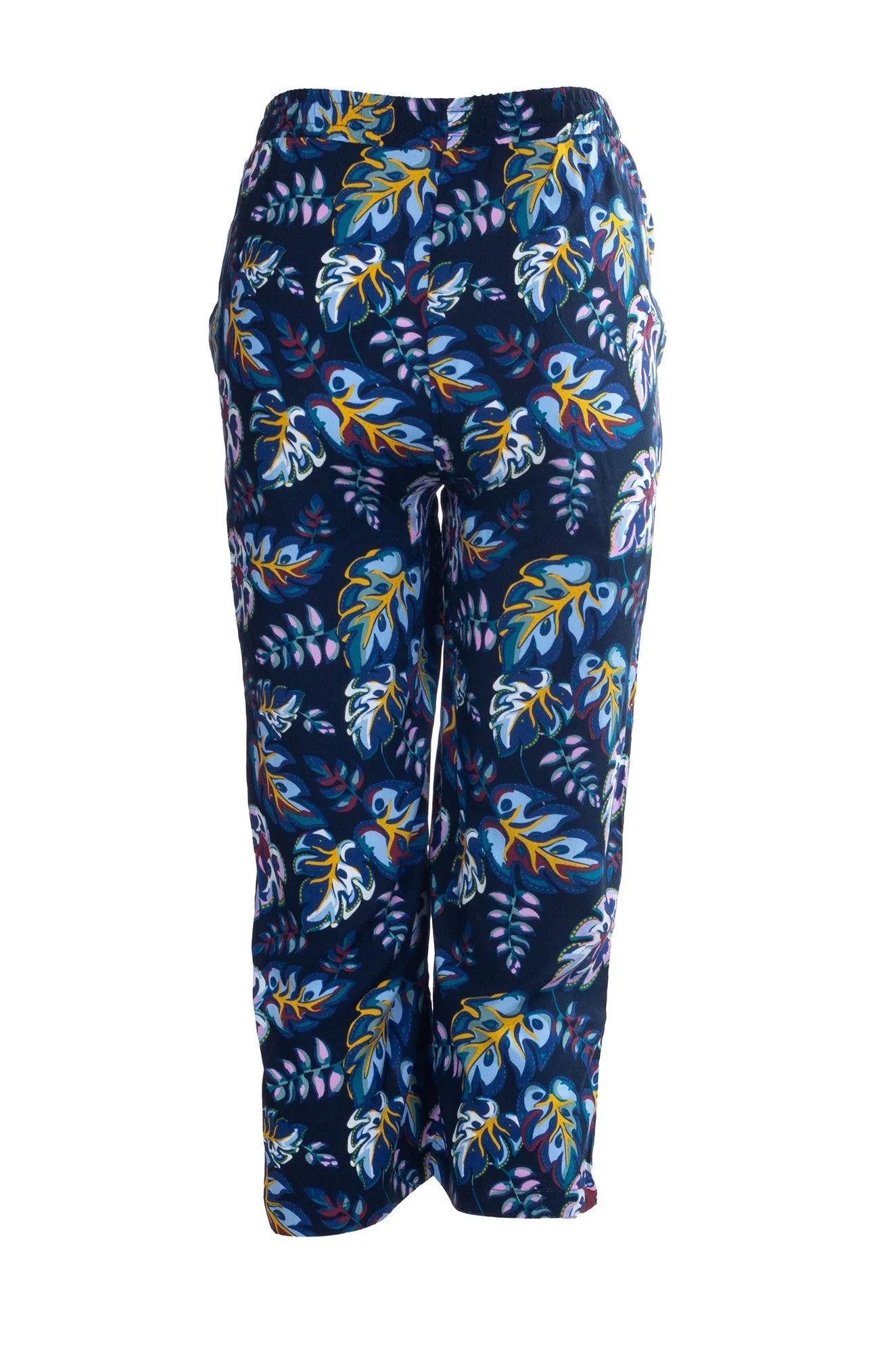 Double Stitched Seams Printed Rayon Mid Calf Pants | Blues Pink Leaf | 7333A1