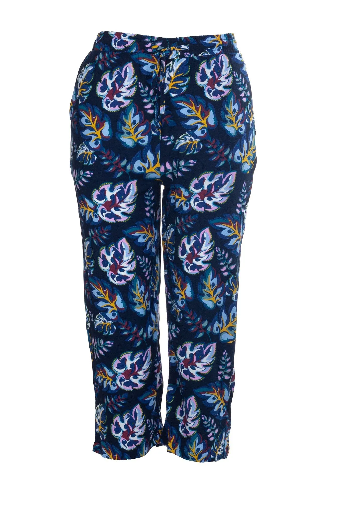 Versatile Comfort Wear Soft Design Printed Rayon Mid Calf Pants | Blues Pink Leaf | 7333A1