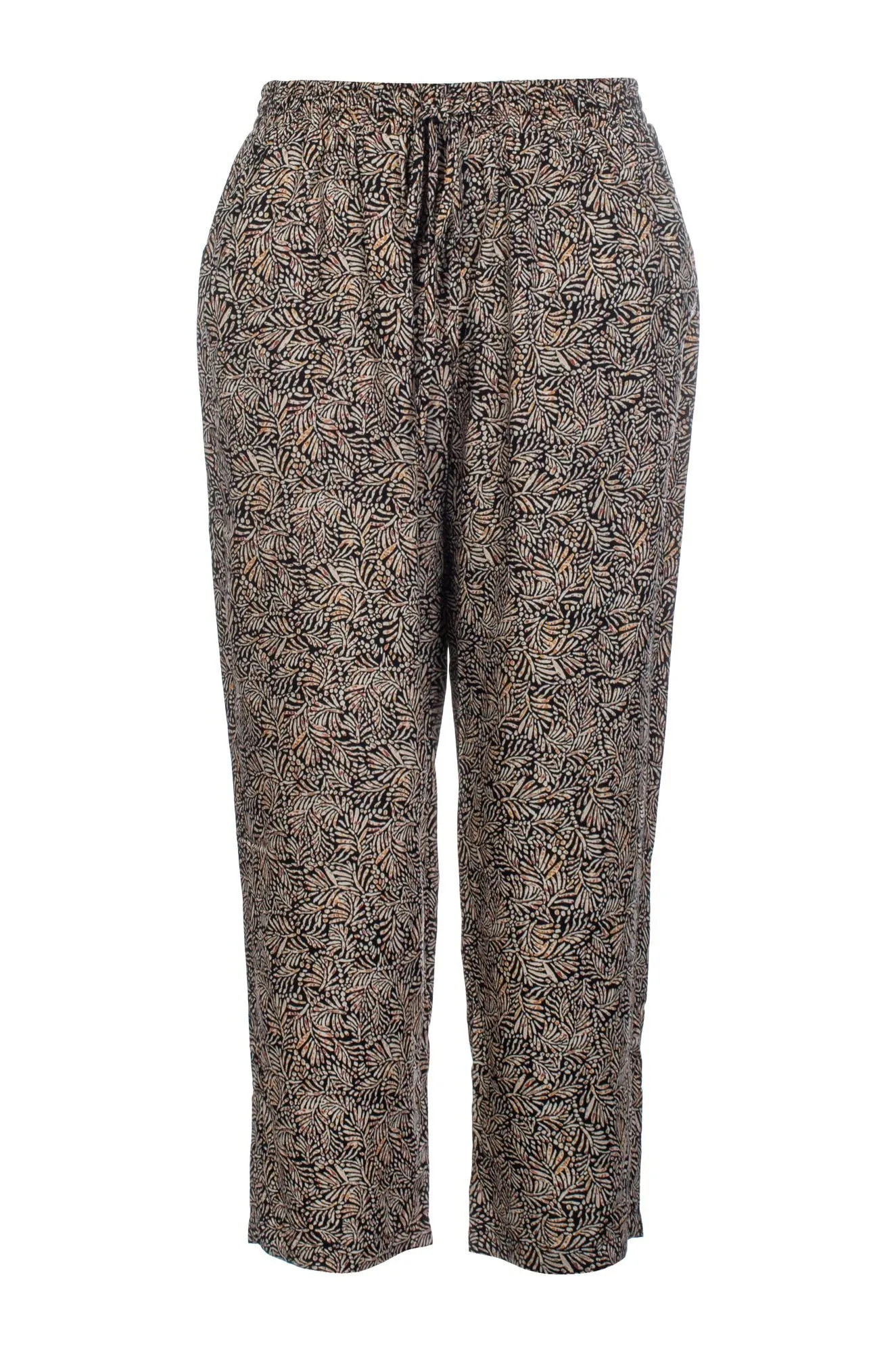 Flexible Waistband Day Hike Printed Viscose Mid Calf Pants | Black Taupe Sprig | 3369C1