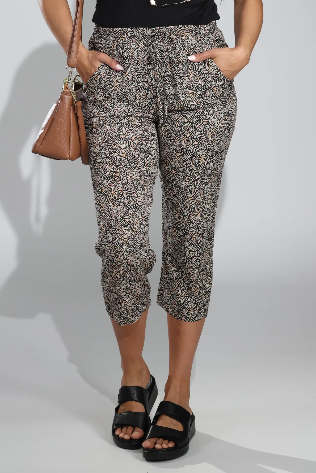 Sporty Layers Roomy Fit Printed Viscose Mid Calf Pants | Black Taupe Sprig | 3369C1