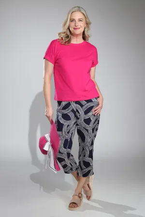 Comfy Wardrobe Printed Viscose Mid Calf Pants | Navy Ivory Circles | 3369C1