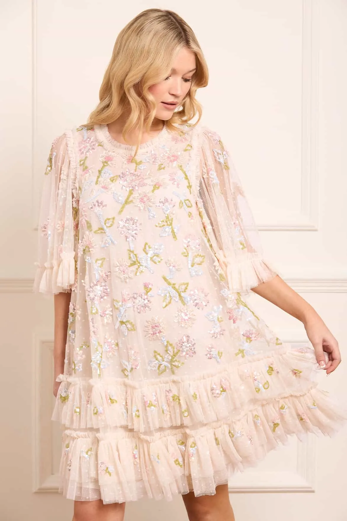 Gentle Drape Sequin Dandelion Gloss Mini Dress