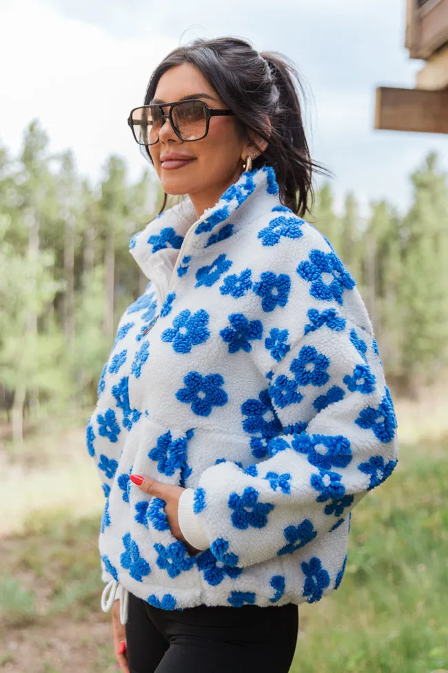 Playing For Keeps Blue and Ivory Floral Print Sherpa Pullover FINAL SALE Daily Commute Wear wrinkle free finish