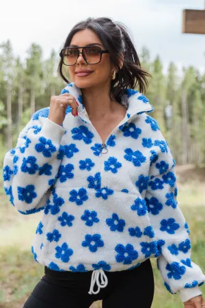 Playing For Keeps Blue and Ivory Floral Print Sherpa Pullover FINAL SALE All Weather Performance Comfortable Fabric