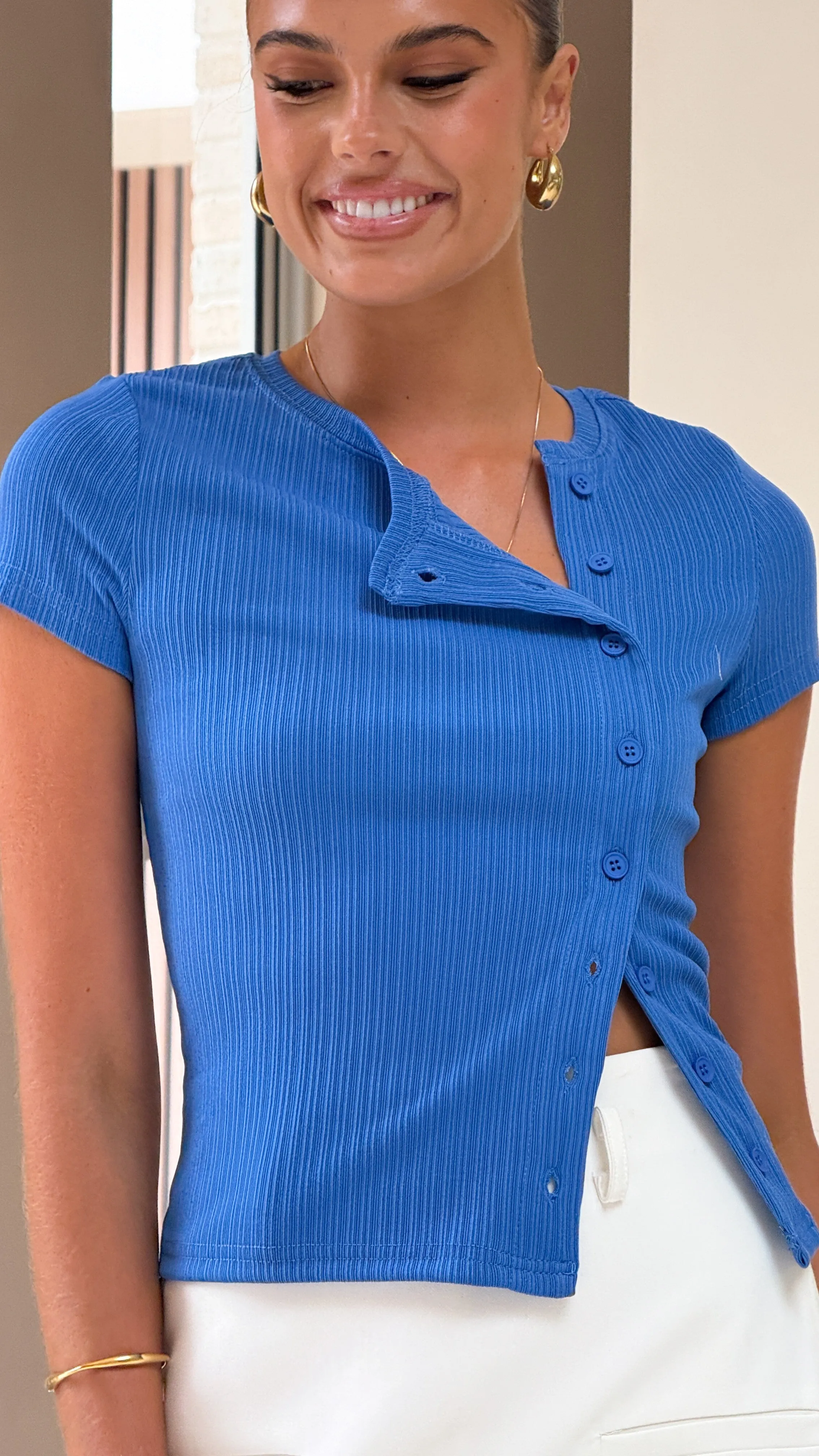 Lola Asymmetric Button Up Top - Blue Sun Beam WearResistantHem