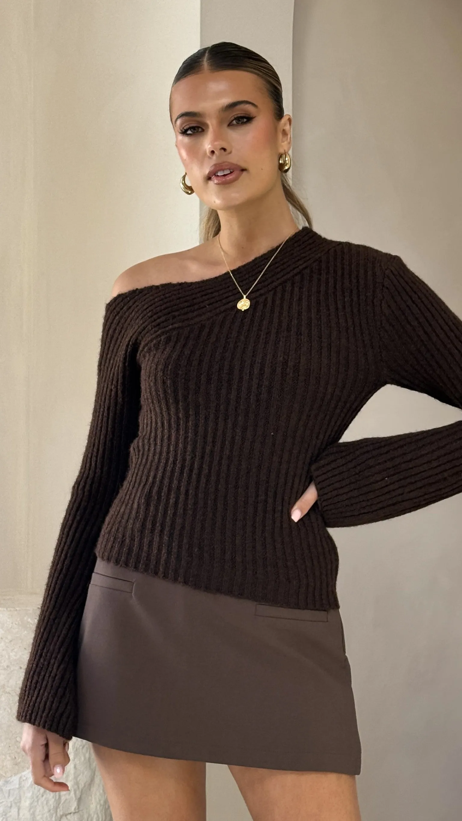 Stylish Fashion Euro Mood Ellira Long Sleeve Knit Top - Chocolate