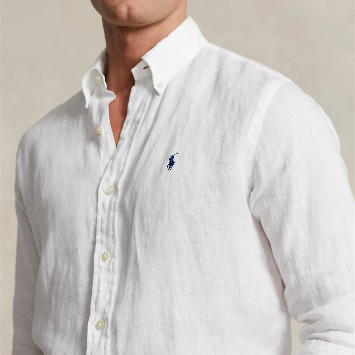Ralph Lauren - Custom Fit Linen Shirt in White Flexible Cuff Design Soft Stretch Fit