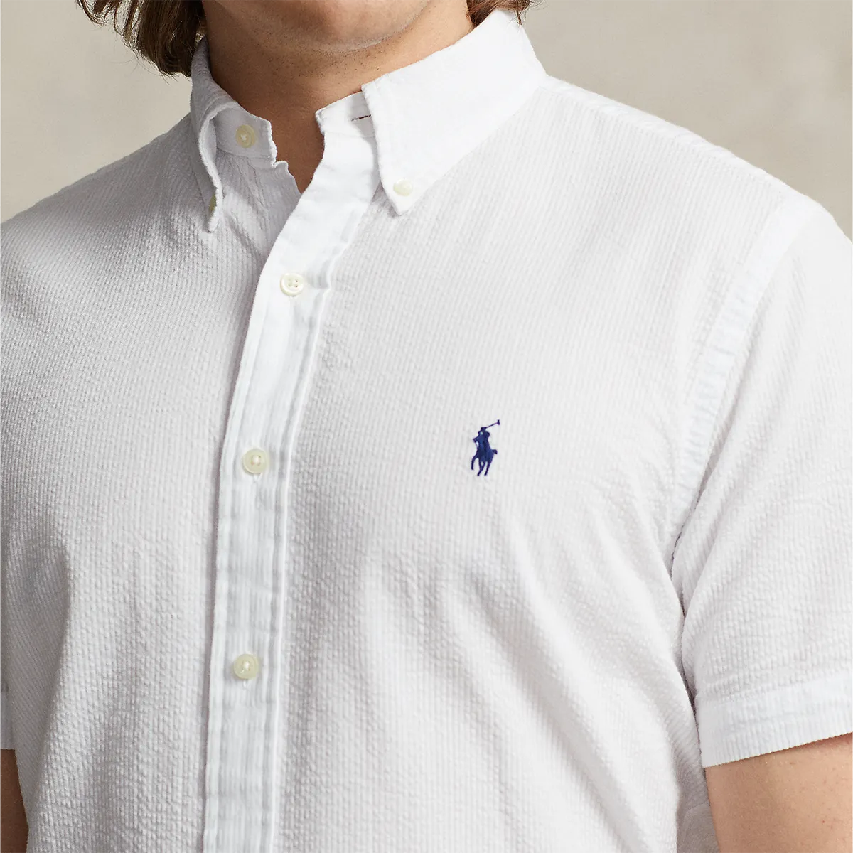 Urban Casual Look Ralph Lauren - Custom Fit Seersucker SS Shirt in White