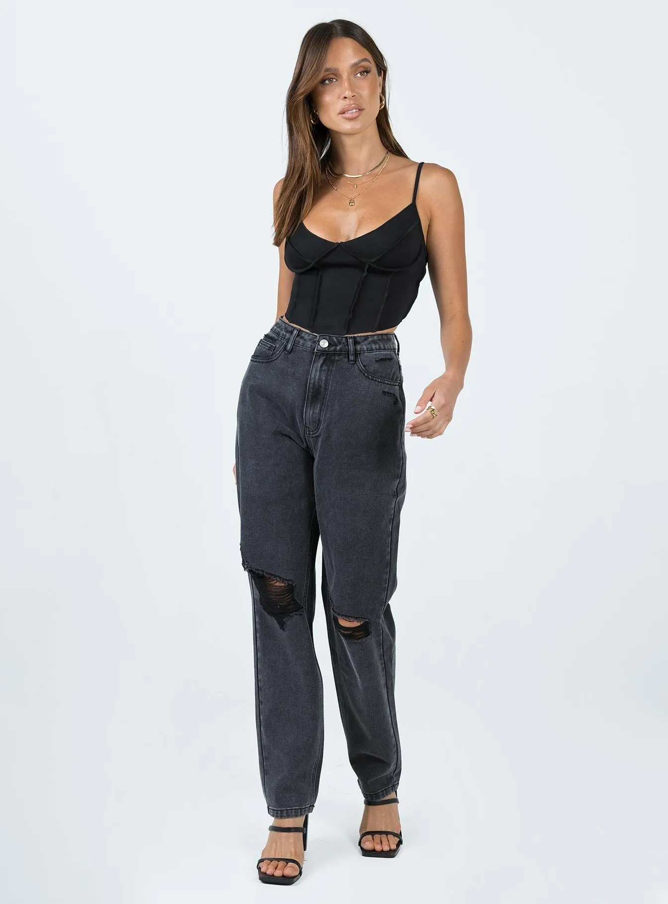 Emmette High Waisted Mom Jean Washed Black Smooth Feel Wear Anytime