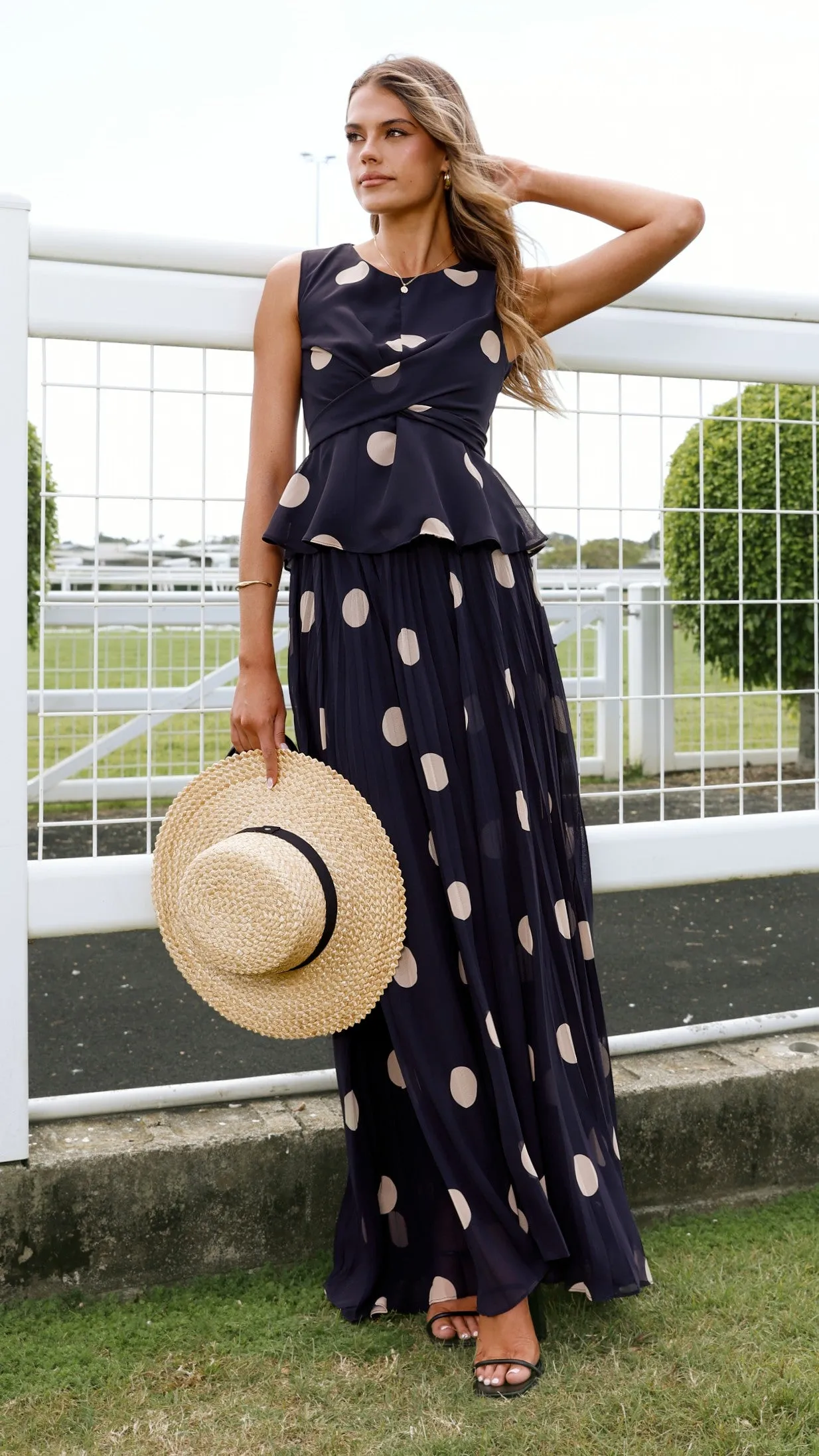 Cambree Peplum Top and Maxi Skirt Set - Black / Beige Polka Dot ChafeResistant Seams