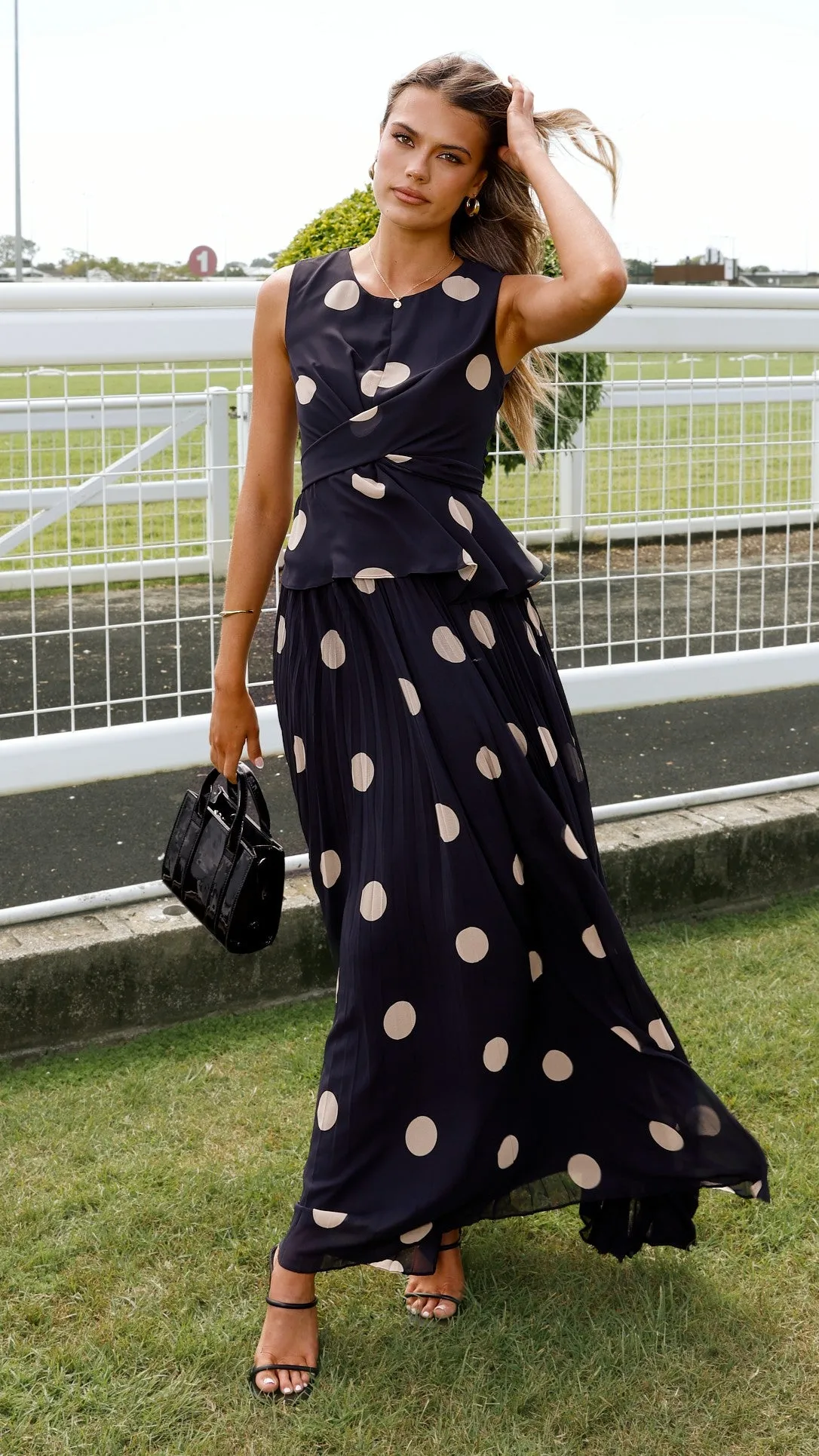 Tropical Glow Cambree Peplum Top and Maxi Skirt Set - Black / Beige Polka Dot