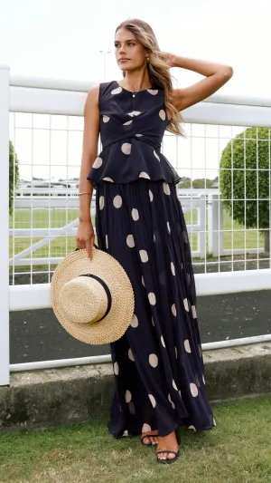 Cambree Peplum Top and Maxi Skirt Set - Black / Beige Polka Dot ChafeResistant Seams