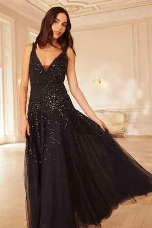 Fashion Forward Sequin Cascade Cami Plunge Gown