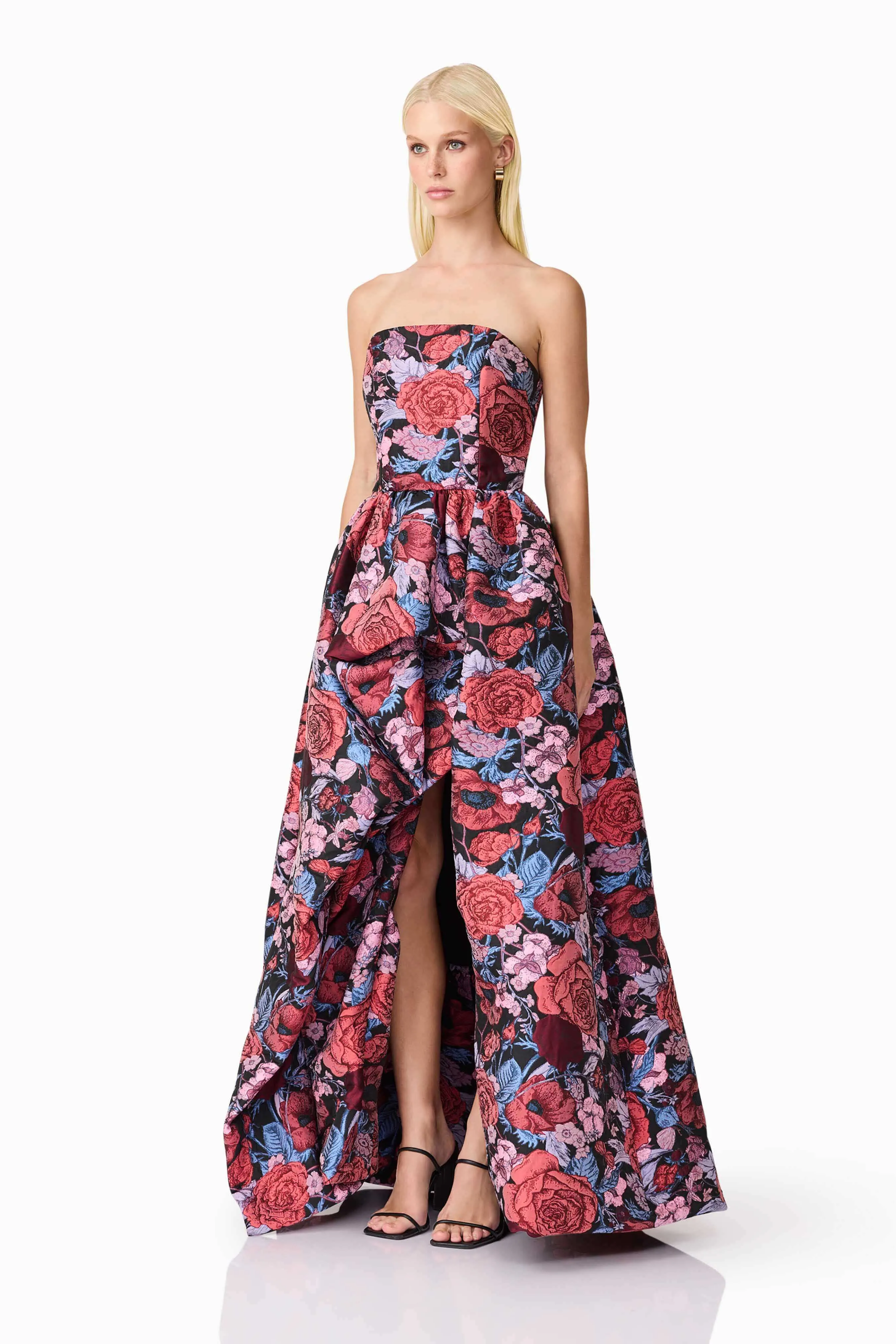 Delphine Strapless Gown in Pink & Black Floral Smooth Fit Ruffle Hem