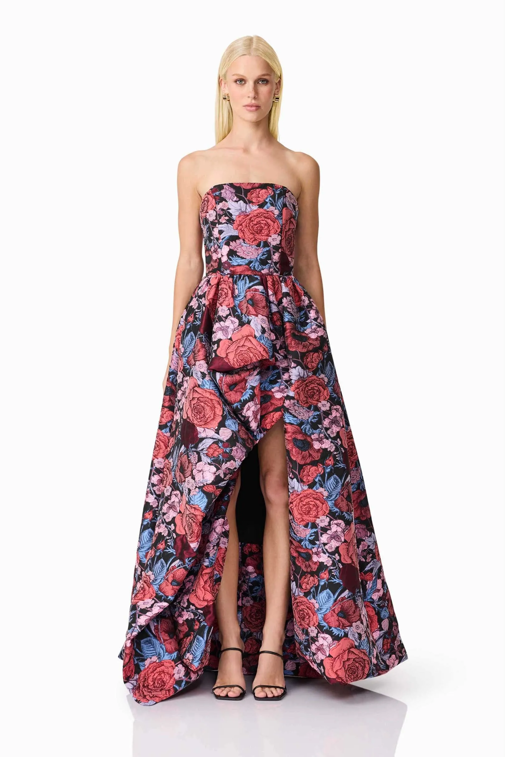 Delphine Strapless Gown in Pink & Black Floral Neutral palette