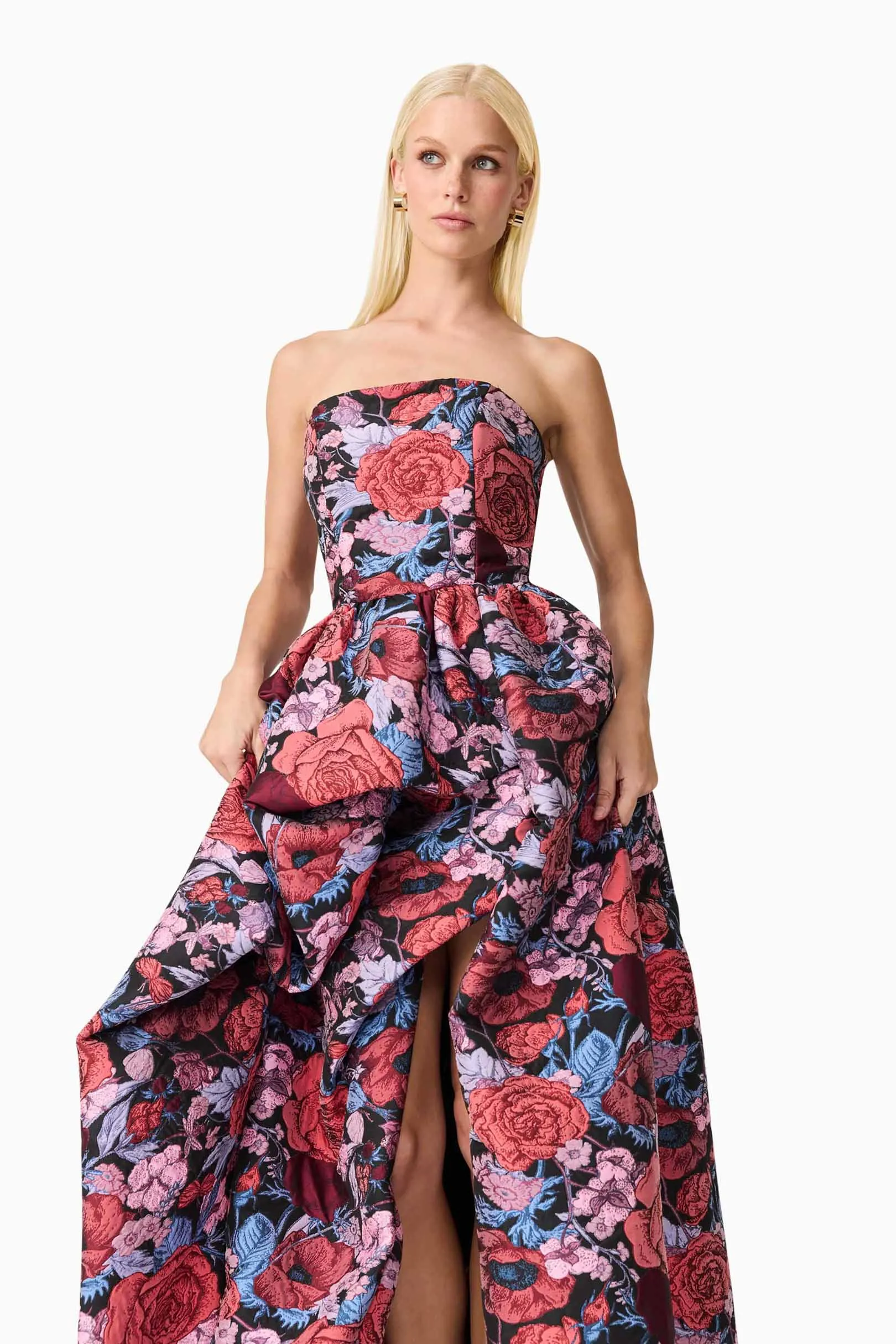 Seasonal Style Lightweight-Lining Delphine Strapless Gown in Pink & Black Floral