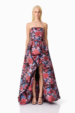 Delphine Strapless Gown in Pink & Black Floral Neutral palette