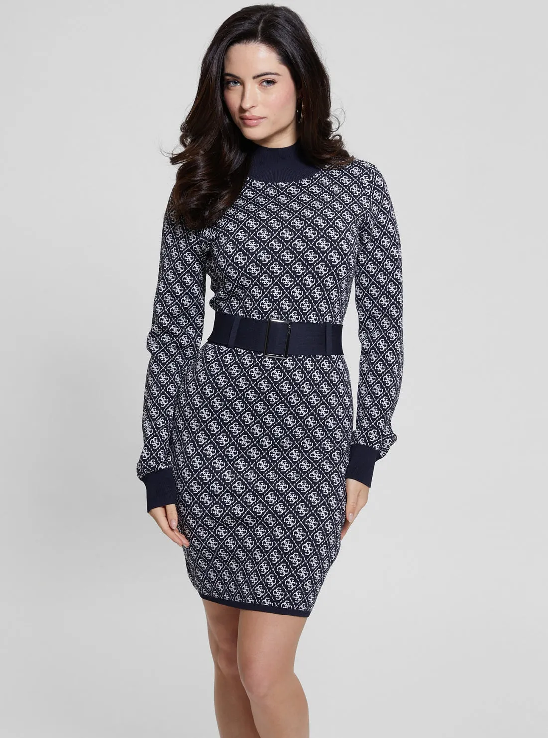 Balanced Lines Blue Logo Belted Knit Midi Dress