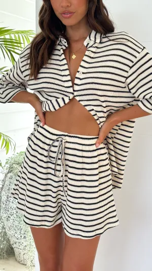 Lacole Button Up Shirt and Shorts Set - Beige / Black Stripe Sea Fit World Tone