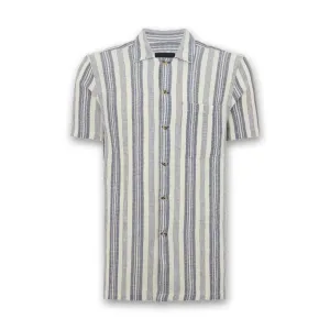 BioBased Fibers Rayon blend Remus - Paolo Tapered Fit Woven Striped SS Shirt in Navy/White