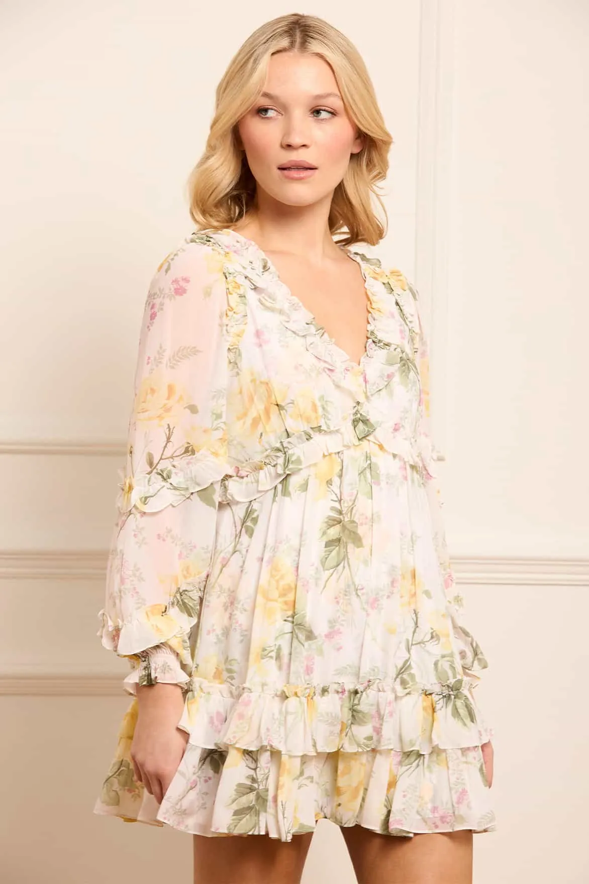 Linen Chic Light Sheen Rose Chiffon Long Sleeve Micro Mini Dress